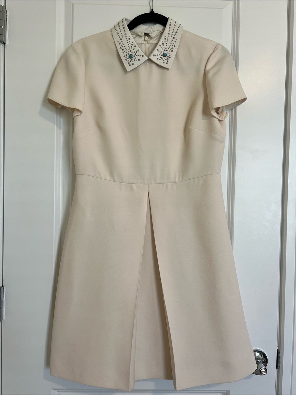Valentino Cream Short-Sleeve Dress with Embellished Collar